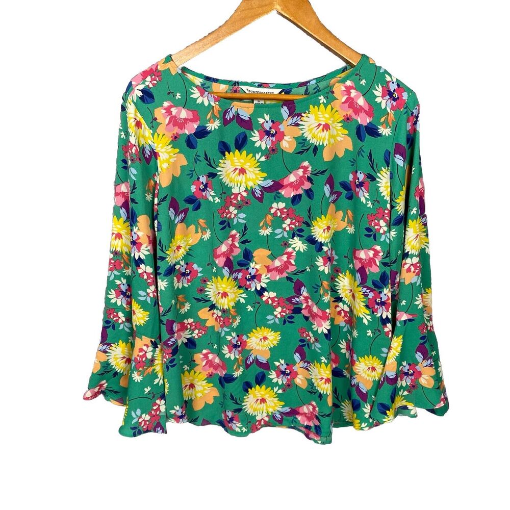 Counterparts Women's Blouse Green Floral Long Sleeves Size‎ XL Cottagecore Fairy